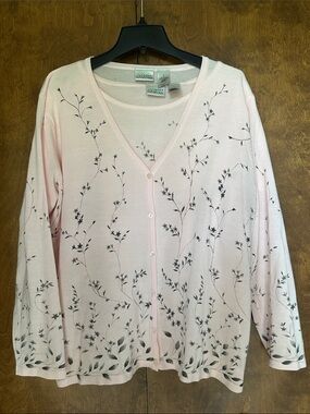 2 Piece Light Pink Knit Tee and Cardigan with Gray Floral Vine Detail